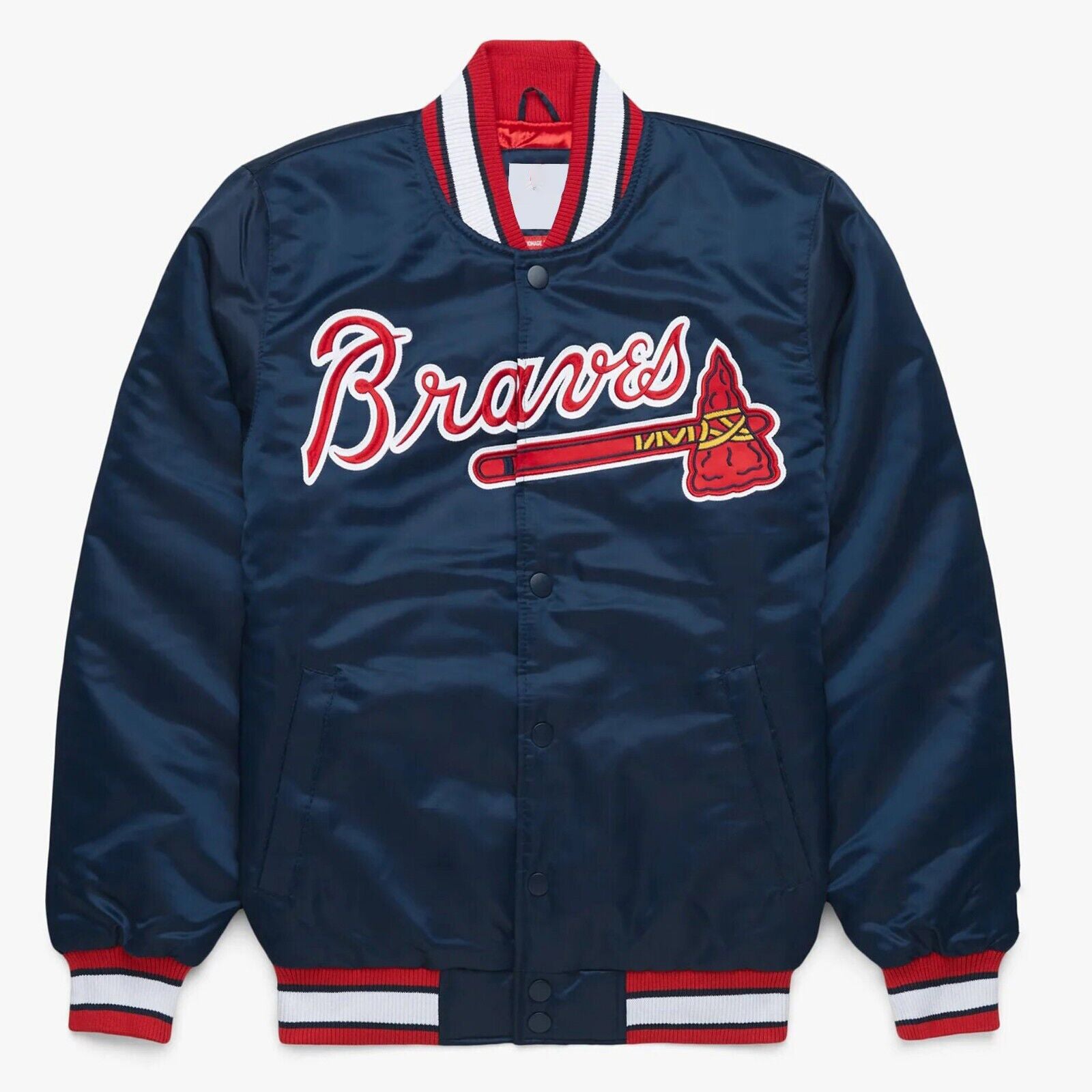 MLB Atlanta Braves Navy Blue Satin Bomber Baseball Letterman Varsity Jacket