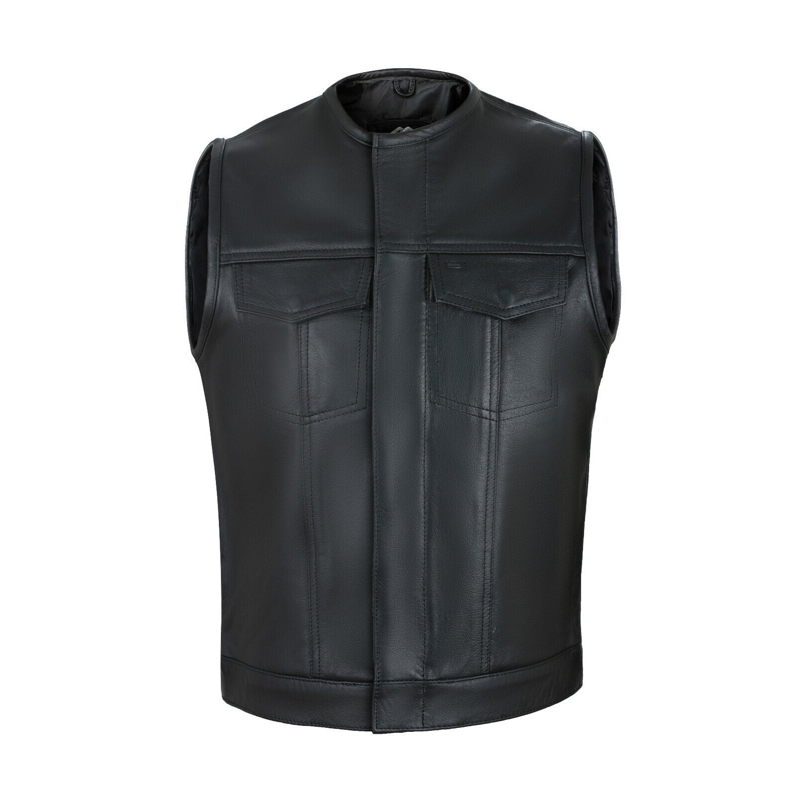 Collarless Cut off Black Mens Vest Waistcoat Gilet Biker Motorcycle Leather YKK