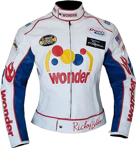 Mens Talladega Nights Ricky Bobby Wonder White Biker Faux Leather Jacket