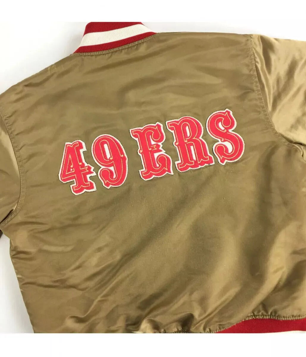 Mens San Francisco 49ers 80s Bomber Vintage Gold Satin Varsity Jacket - Limited