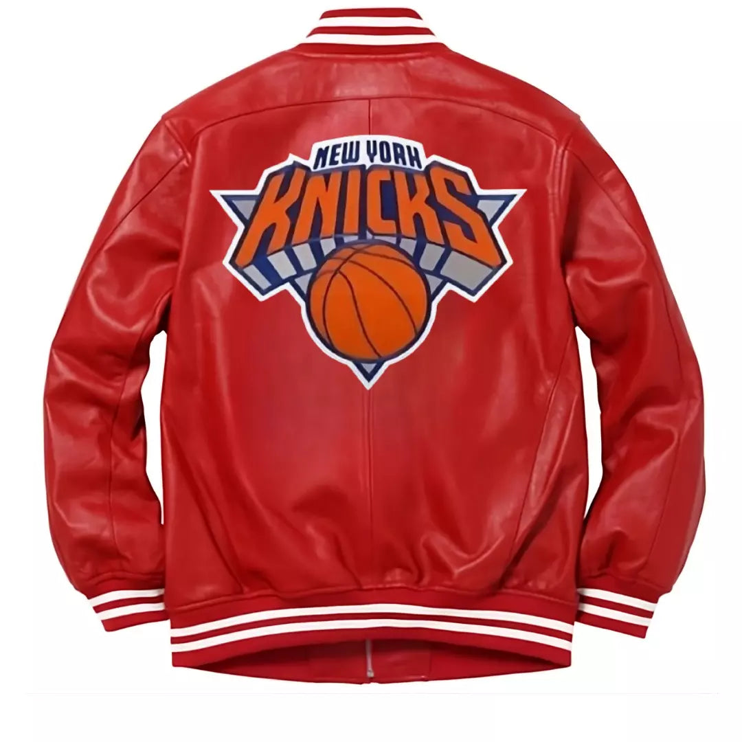 Letterman New York Knicks   Red Genuine Sheep Leather Varsity Jacket