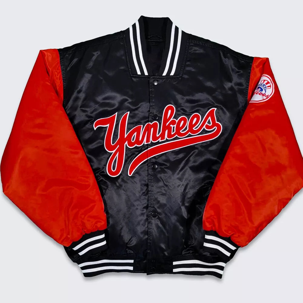 NY Yankees Vintage 90s Athletic BLACK and RED Satin Bomber Style Varsity Jacket