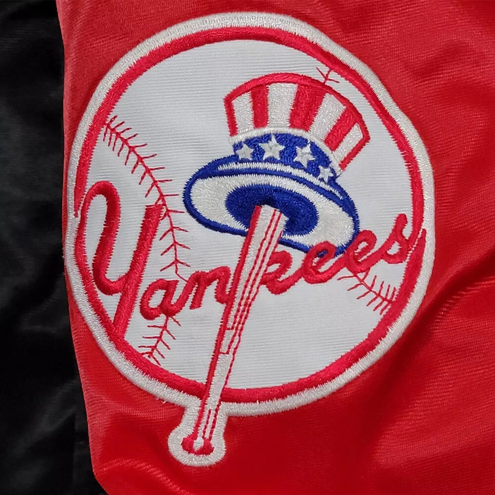 NY Yankees Vintage 90s Athletic BLACK and RED Satin Bomber Style Varsity Jacket