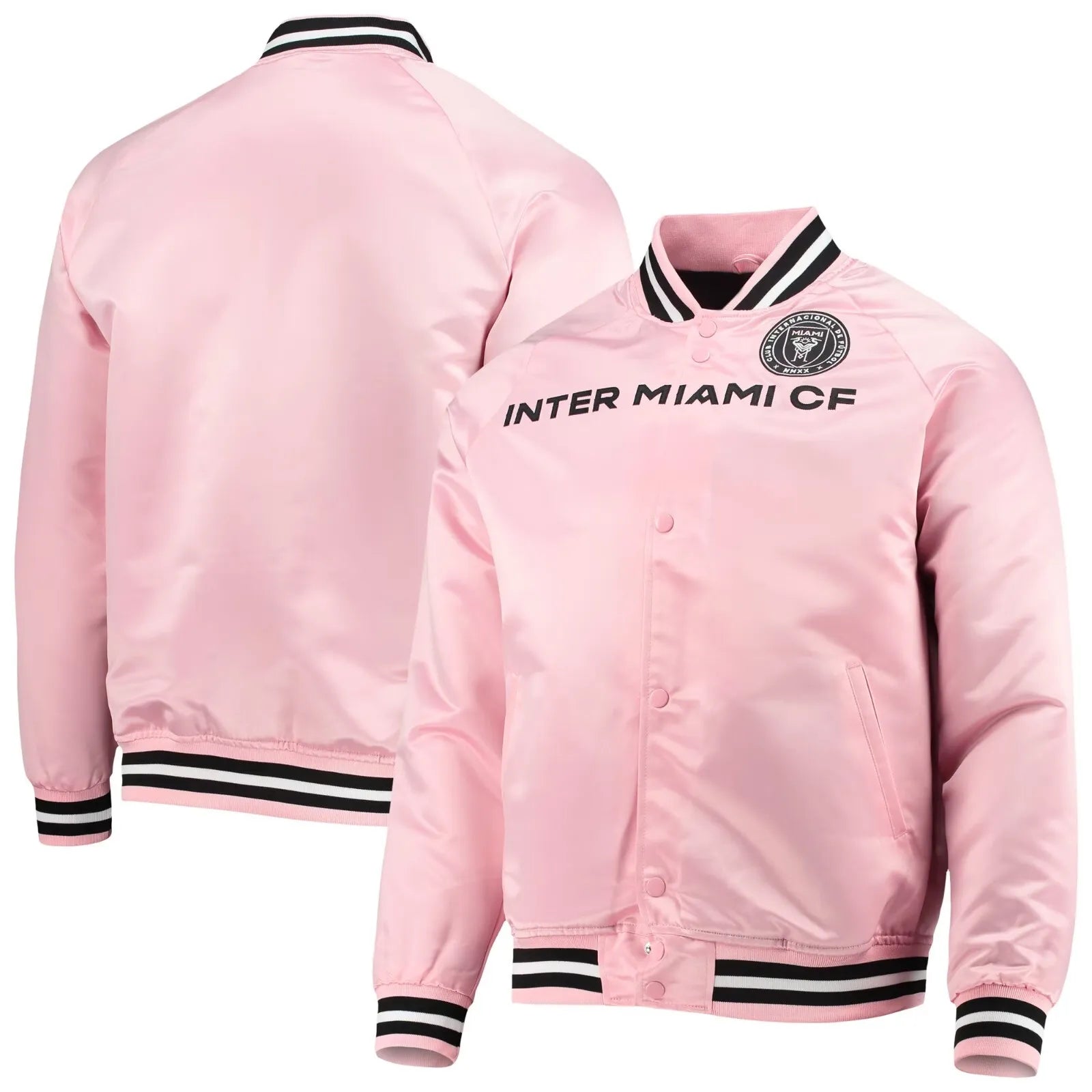 MLS Inter Miami CF Pink Satin Bomber Style Full snap Lettermen Varsity Jacket