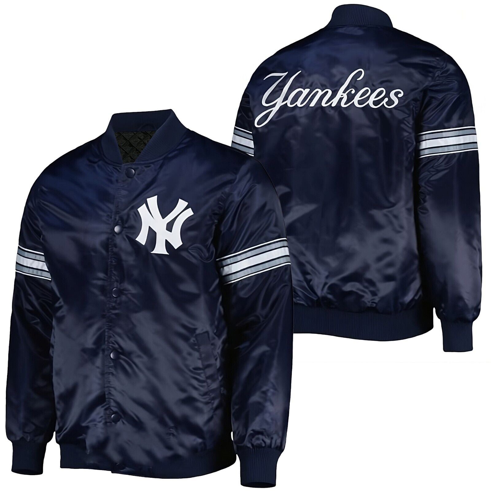 NY Yankees 90's Vintage Style Blue Satin Bomber Style Athletic Varsity Jacket