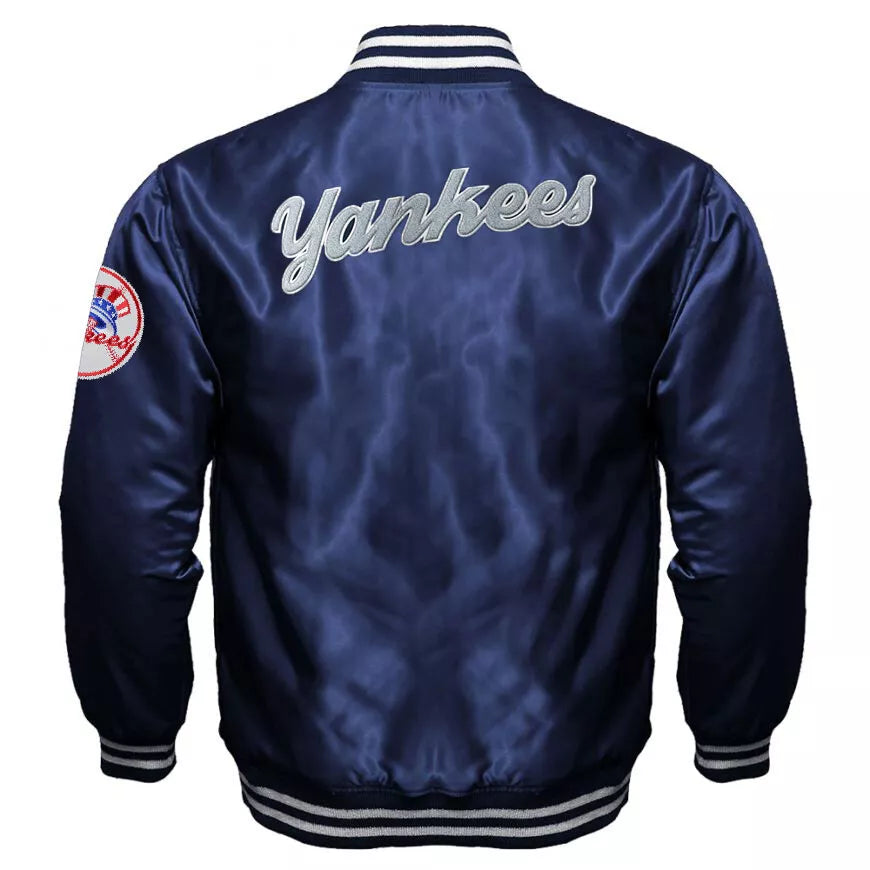 New York Yankees 90s Blue and White Satin Bomber Varsity Jacket