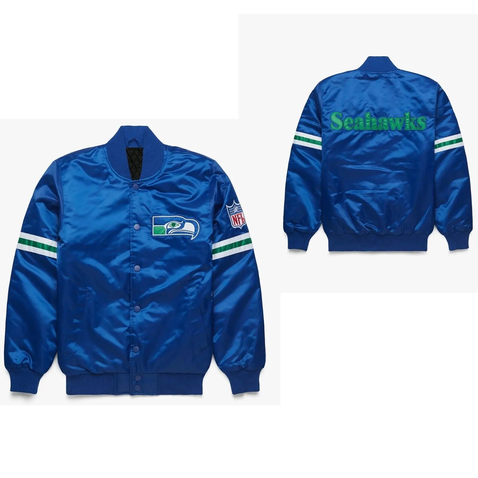 NFL Seattle Seahawks Blue Satin Bomber Style Letterman Full snap Varsity Jacket-02