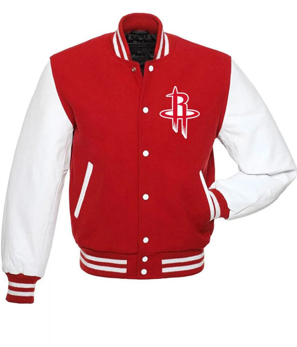 Letterman Houston Rockets Varsity Red and White Jacket-02