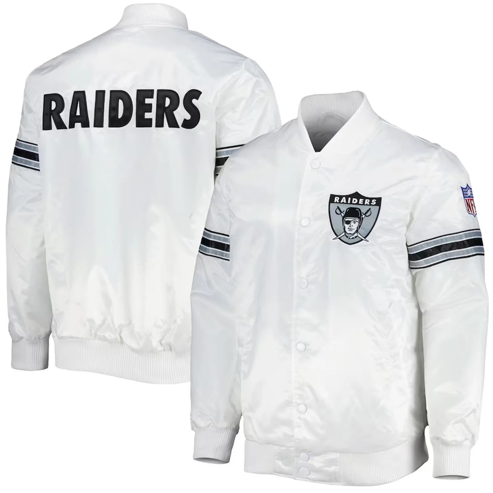 NFL Oakland Raiders Baseball Bomber Style Letterman White Satin Varsity Jacket