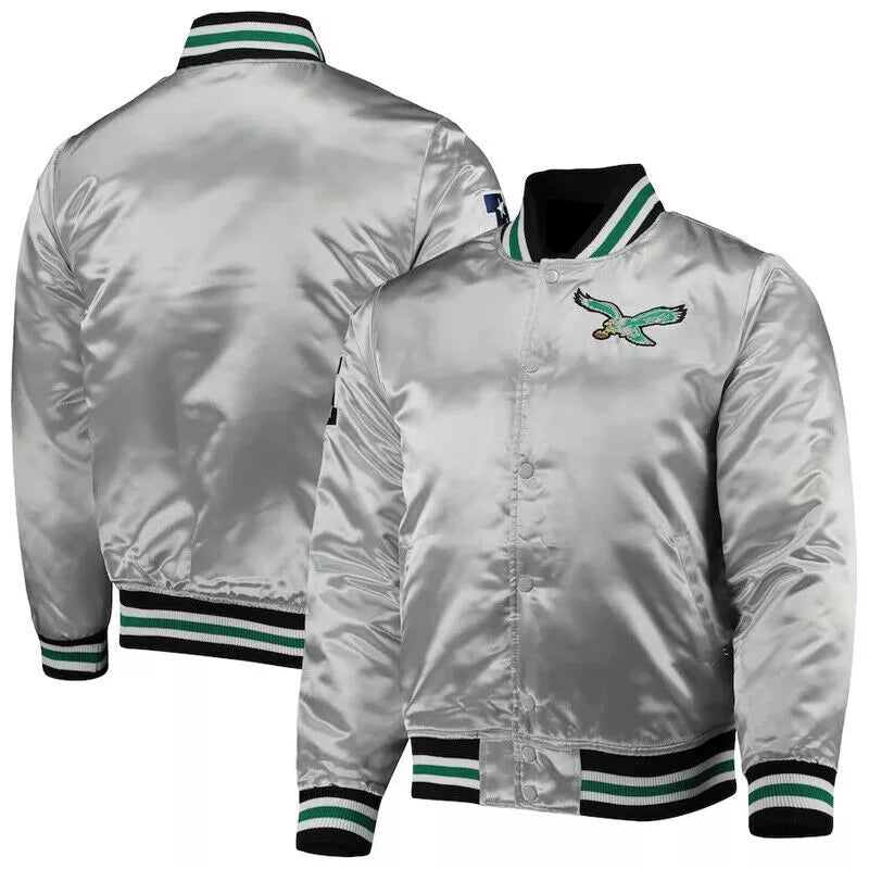 Classic NFL Philadelphia Eagles 80s Sliver Satin Varsity Jacket Embroidery
