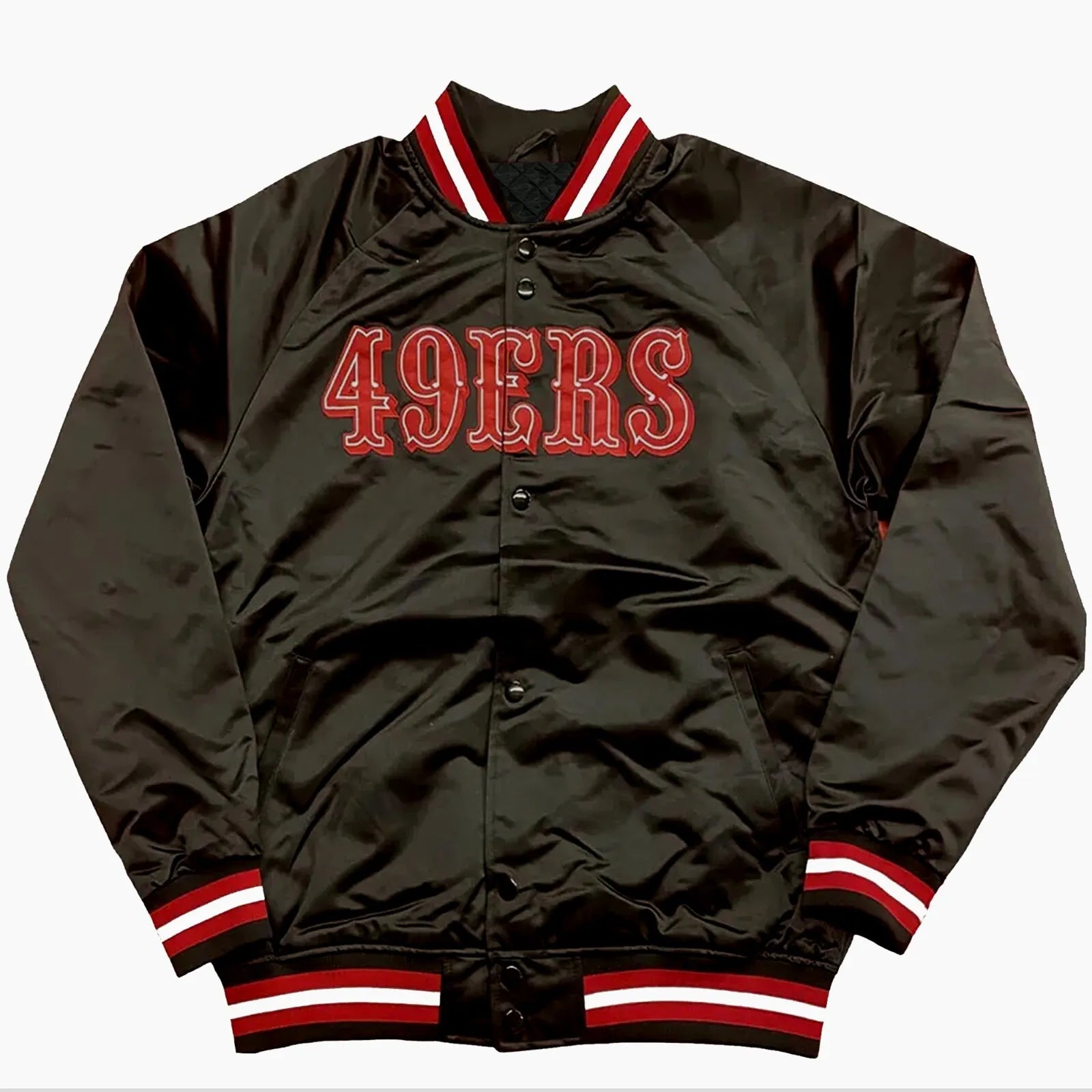 NFL San Francisco 49ers Men’s Black Satin Letterman Bomber Style Varsity Jacket