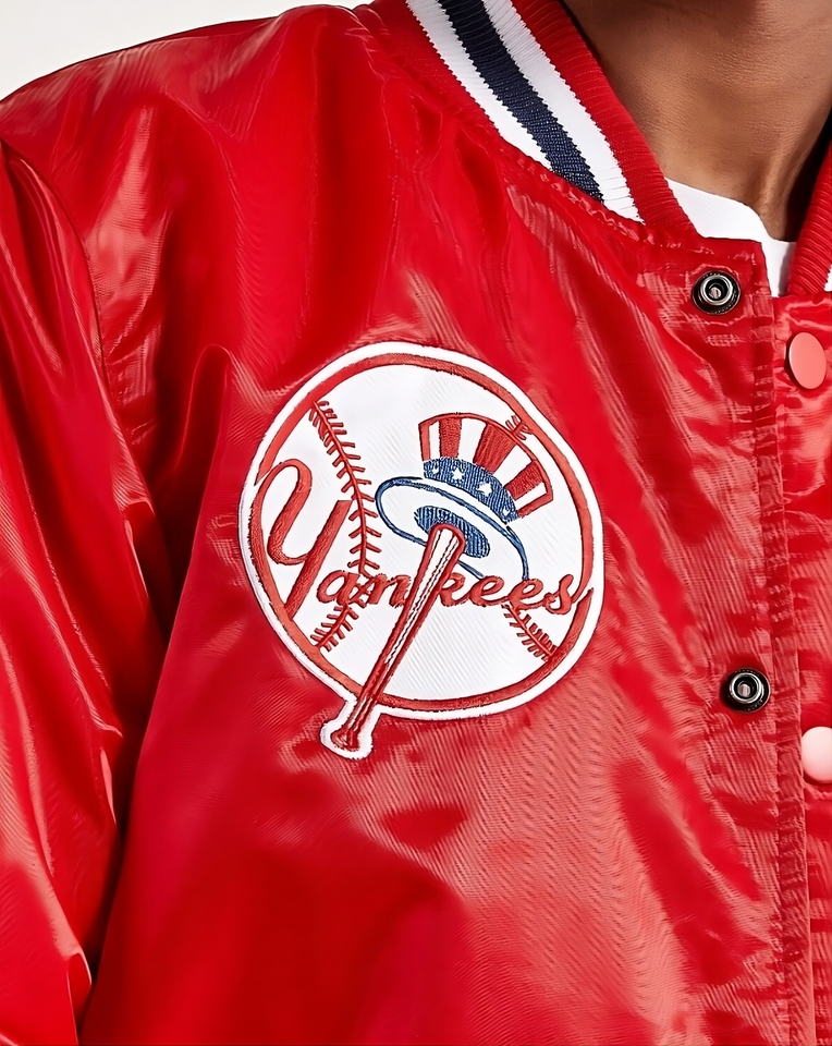 Men's New York Yankees Red Satin Full Snap Varsity Jacket