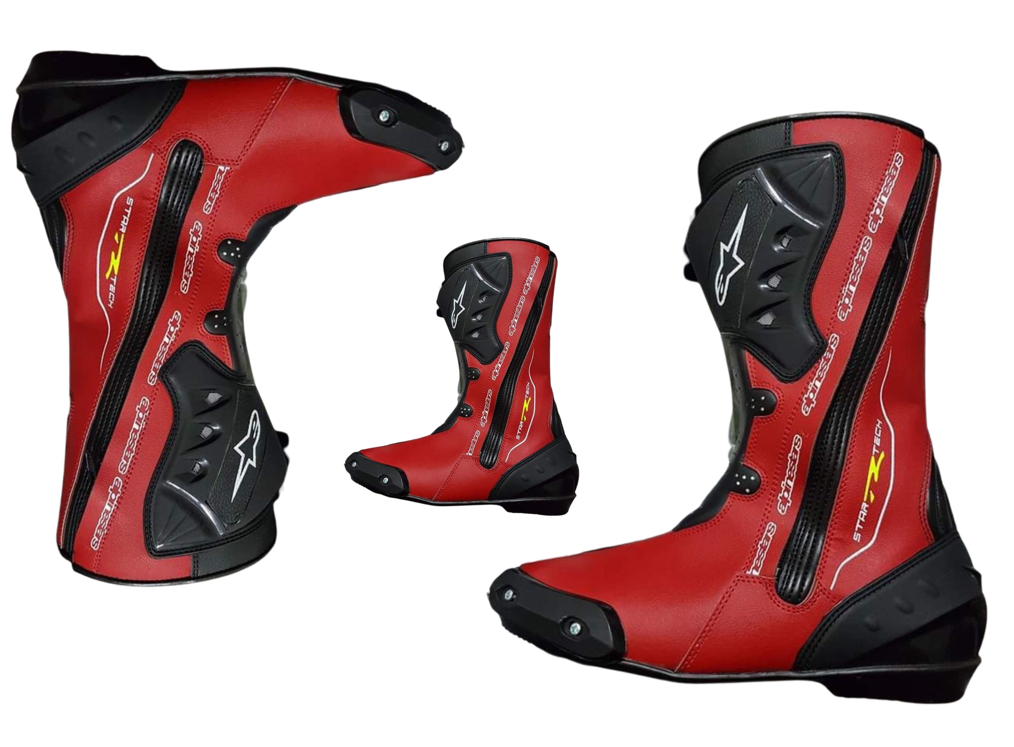 Chaussures de sport de course de moto en cuir pour hommes longues noires et rouges CE bottes-021