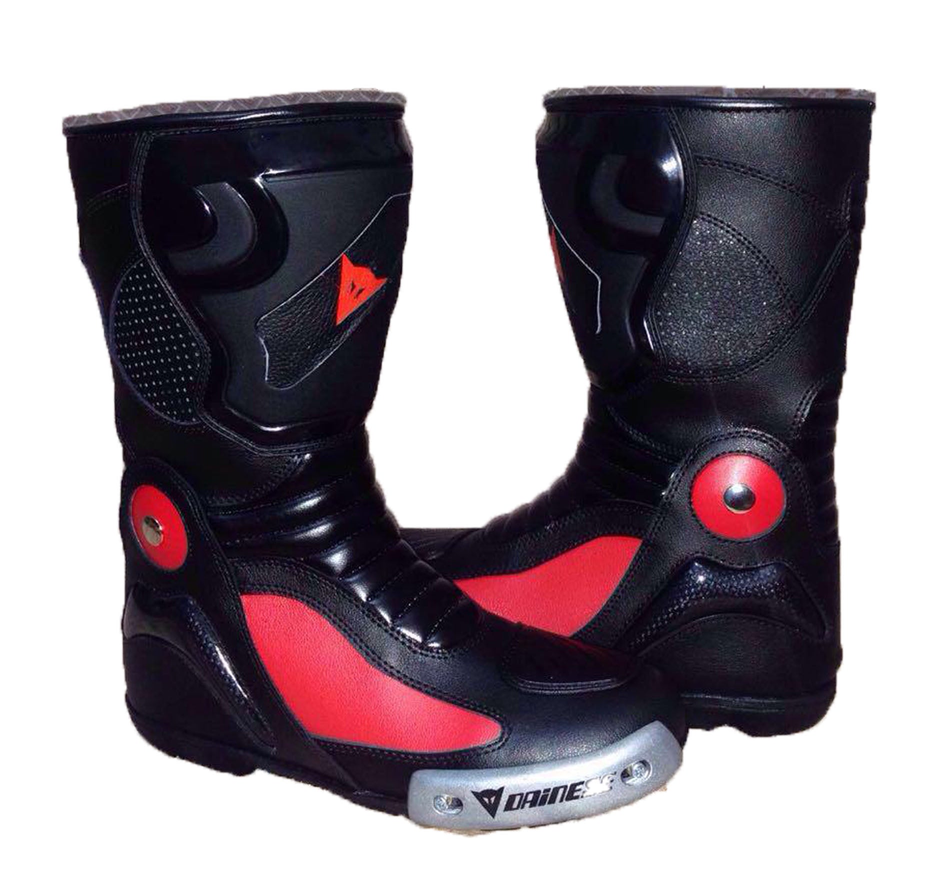 Chaussures de sport de course de moto en cuir pour hommes longues noires et rouges CE bottes-017